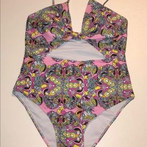 Shein Swimsuit 0XL Size 12 Cut Out Pink Print One Piece